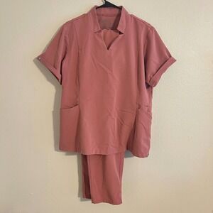 FIGS Scrub Set Women XL Mauve Notch Neck Top Cargo Jogger Pants Set